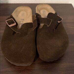 Birkenstock Brown Suede Clogs with Rose Gold Buckles
